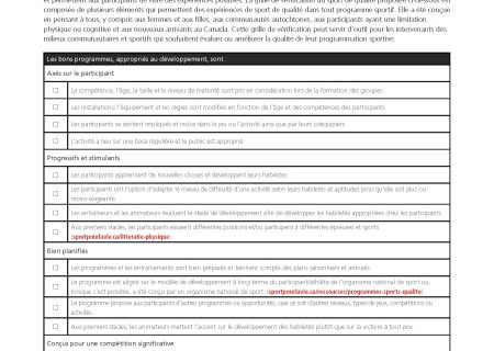 Grille de vérification du sport de qualité pour les communautés et les clubs
