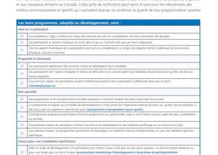 Grille de vérification du sport de qualité pour les communautés et les clubs